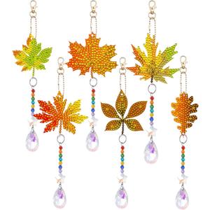 ckujjui 6 Pcs Fall Diamond Art Kits Sun Catcher Thanksgiving Maple Leaves Wind Chimes with Crystal Pendant Double Sided Kits for Adults Harvest Garden Hanging Ornaments(Maple Leaves)