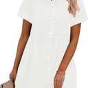 GRAPENT Denim Dress for Women Babydoll Tiered Short Sleeve Button Down Jean Shirt Dresses (White, L)
