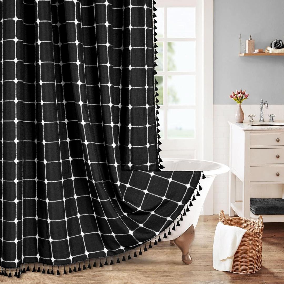 MitoVilla Black Boho Extra Long Shower Curtain 72 x 84, Modern Farmhouse 84 inch XL Polyester Linen Texture Tassel Fabric Shower Curtain Set with Hooks for Cottagecore Country Bathroom Decor
