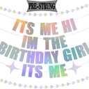 IT'S ME HI IM THE BIRTHDAY GIRL ITS ME Taylor Birthday Banner, Pre-Strung Iridescent Holographic Birthday Banner Sign with 2pcs Hanging Heart Shaped Streamers for Women Girl Party Gift Decoration