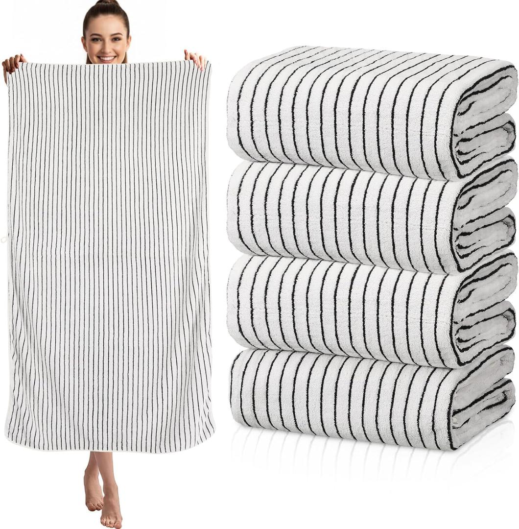 4 Pieces Extra Large Black and White Striped Bath Towels Set 35 x 70 in Coral Fleece Oversized Bathroom Pool Towel Highly Absorbent Soft Quick Dry Shower Bath Sheets for Hotel Spa Pool