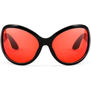 FEISEDY Oversized Trendy Sunglasses Classic Oval Wrap Around Stylish Big Frame Shade Women Glasses B2391 (Black Frame Red Lens)