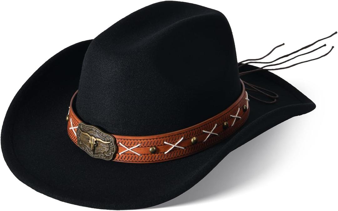 Wide Brim Cowgirl Hat Men Large Wide Brim Cowboy Hats for Women with Buckle Belt Classic Cowboy Outfits (Black, M)