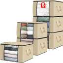 Fab totes 6 Pack Clothes Storage, Foldable Thick Fabric Blanket Storage Bags, Containers for Organizing Bedroom, Closet, Clothing, Comforter, Organization with Handle,Beige