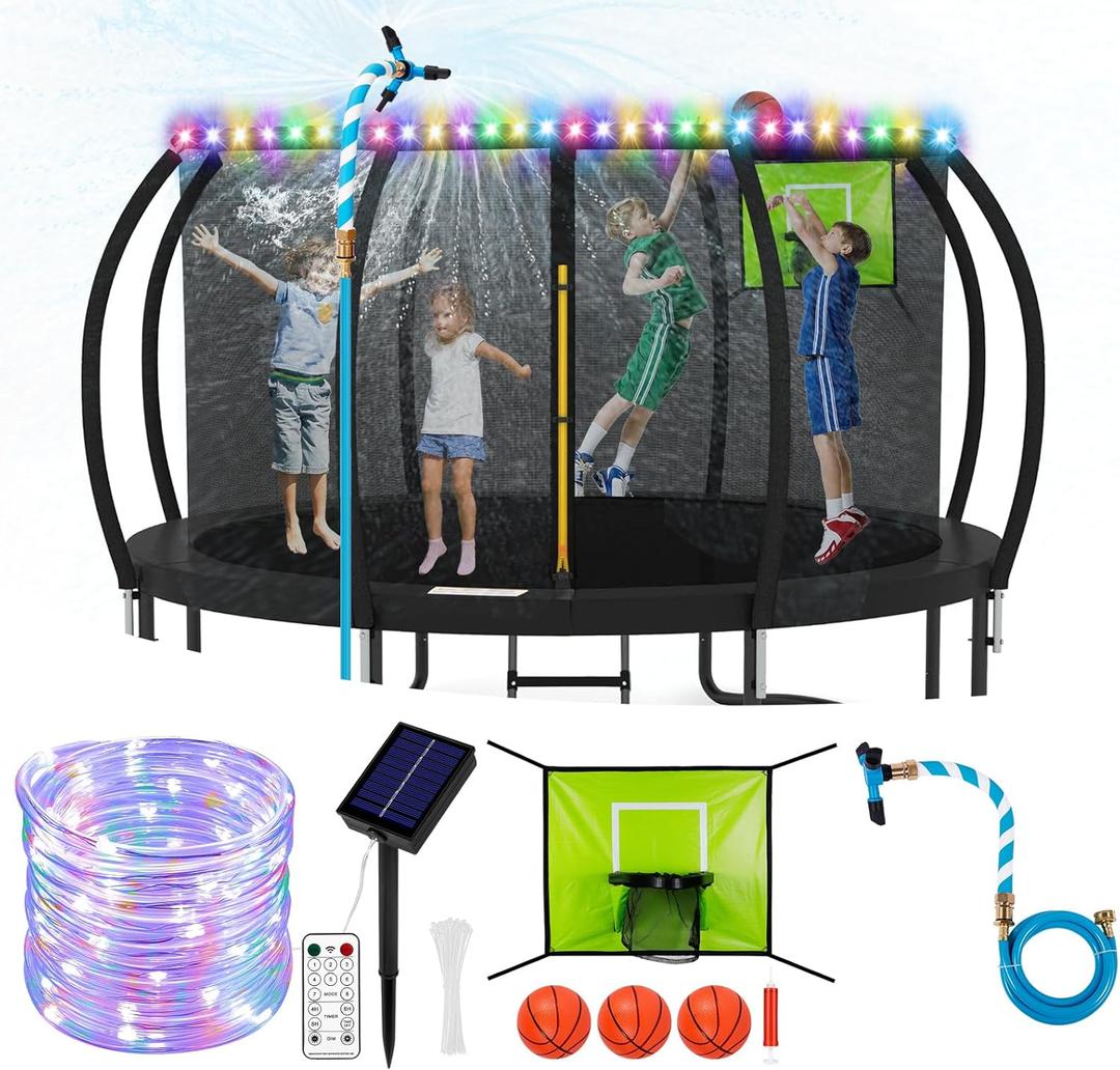Trampoline Accessories Kit Kids, Trampolin Sprinkler/Basketball Hoop/50FT Solar Lights, Fits 8 10 12 14 15 16FT Trampoline Outdoor with 3 Mini Basketballs, Non-Damaging to Net, Features 8 Light Modes