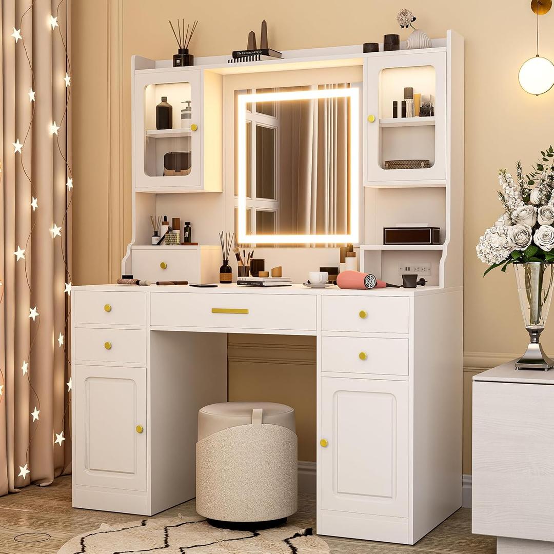 Wakefit Vanity Desk with Mirror and Lights, 42IN Makeup Table with 6 Drawers and 2 Cupboard Storage, Vanity Makeup with Power Outlet | LED Light with 3 Color Modes | Adjustable Brightness | White
