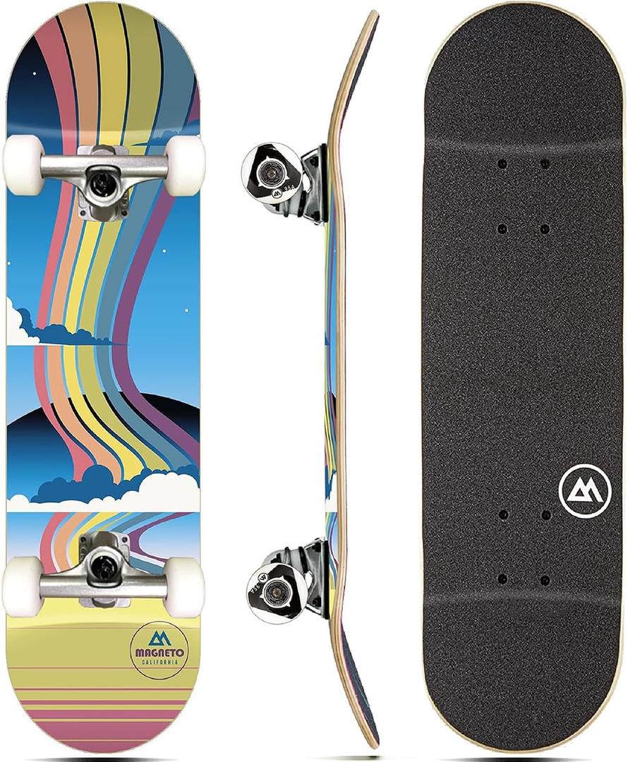 Magneto Maple Wood Complete Skateboard - Beginner Cruiser Skateboard - Smooth Rides with ABEC-5 Bearings - Trick-Ready Double Kicktail Board - 27.5 x 7.75 in, Rainbow