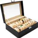 Bracelet Display Holder with Rods, Leather Jewelry Organizer Box with Transparent Lid, Bangles Watches Storage Display Case for Necklaces, Earrings, Rings, Women, Black - 10.2 x 7 x 3.7 Inch
