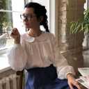 BEAUTELICATE Women Edwardian Shirt Petter Pan Collar Back Buttons Long Puff Sleeve Victorian Blouse (White, L)