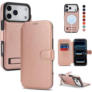 for iPhone 17 Pro Max Wallet Case with Stand,PU Leather Flip Credit Card Holder Slots (RFID Blocking),Compatible with Magsafe Magnetic Holder Phone Cover Women Men,Rose Gold