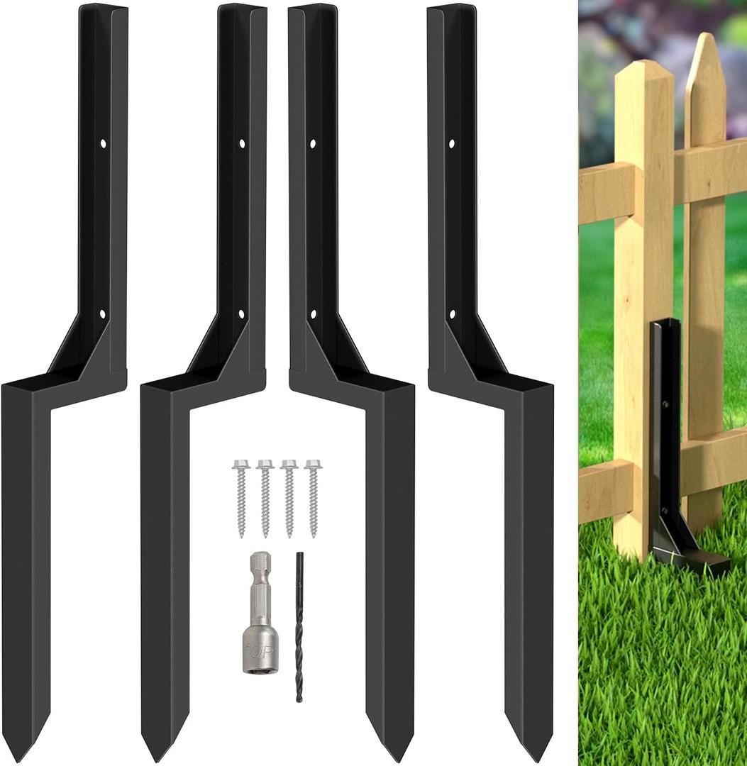 Fence Post Repair Kit, Heavy Duty Steel Fence Post Anchor Ground Spike for Repair Tilted, Broken Wood Fence Post (Black - Set 4) (Single Leg 2.8Ft)