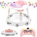 Baby Walker with Wheels,Music and Lights Baby Walker for Boys Girls 6-12 Months,Foldable Baby Walkers and Activity Center,Toddler Infant Walker with 7-Speed Height Adjustment,Detachable Plate,Pink