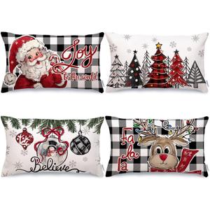 GEEORY Christmas Throw Pillow Covers 12x20 Inch Set of 4, Xmas Trees Balls Santa Reindeer Joy Snowflakes Winter Holiday Farmhouse Decorative Cushion Cases for Home Decoration G613-12