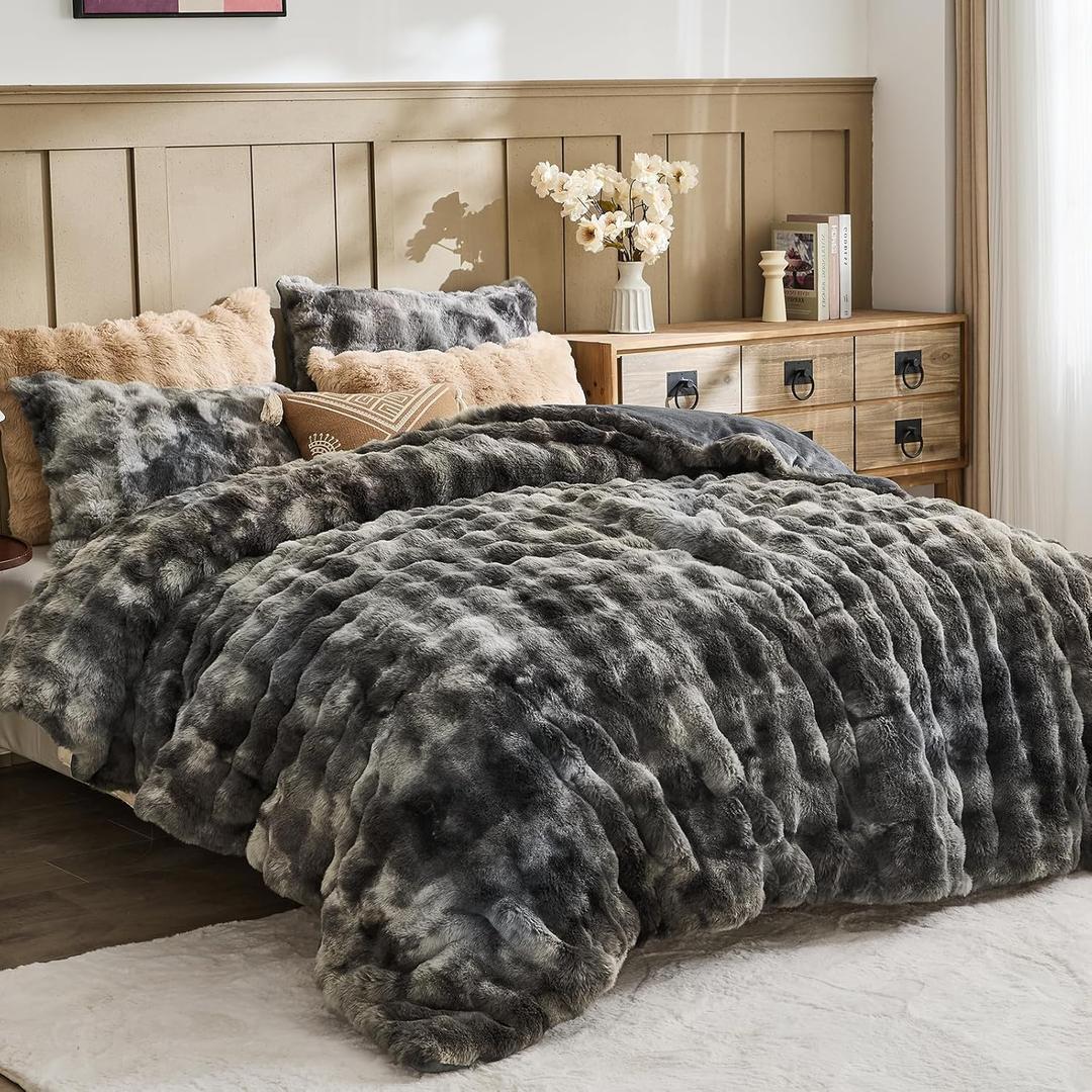 Lotus Karen Fluffy Comforter Cover Set - Rabbit Fluff Faux Fur Duvet Cover Queen Size Tie-Dye Dark Gray Plush Fuzzy Furry Bedding Sets 3Pieces(1 Duvet Cover & 2 Pillow Shams) Zipper