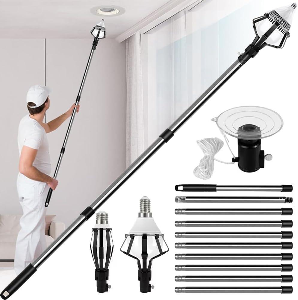 18FT Reach Light Bulb Changer High Ceilings-12FT Ceilings & Recessed Lights Bulb Replacement Tool, Adjustble Extension Assembled with Baskets and Suction Cup