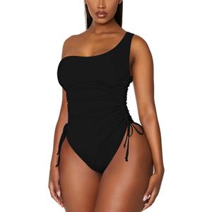 Viottiset Women's One Shoulder Ruched One Piece Swimsuit Tummy Control High Cut Cheeky Bathing Suit (S, Black)