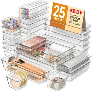 KEMETHY 25 PCS Plastic Drawer Organizers Set, 4 Sizes Vanity Organizer, Makeup and Desk Drawer Organizer Trays, Organization and Storage for Makeup, Bathroom, Kitchen Utensils and Office (Clear)
