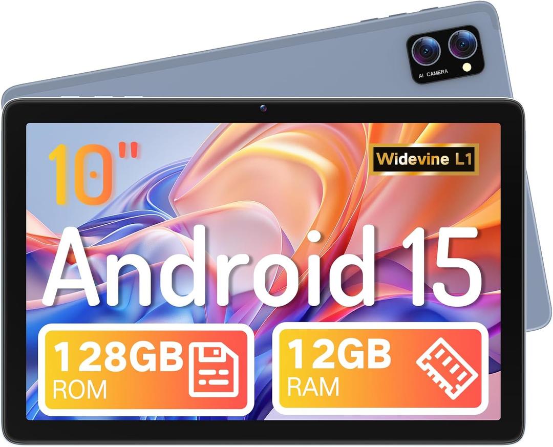 Tablet, Android 15 Tablets 10 inch with 12GB RAM+128GB Storage+2TB TF Card Expand, Octa-Core, 1280*800 HD Touch Screen Computer Tablet, 8-10H Long-lasting Battery Life,Wi-Fi & BT 5.0,Gray Blue