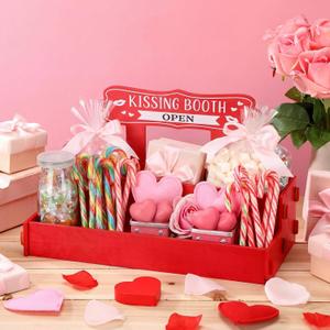 Youyole 14 Inch Kissing Booth Wooden Box Valentines Candy Bowl Double Layer Red Tiered Tray Decor Farmhouse Candy Dish Holder Valentine Table Centerpieces for Treat Gift Snack Wedding Party Decoration