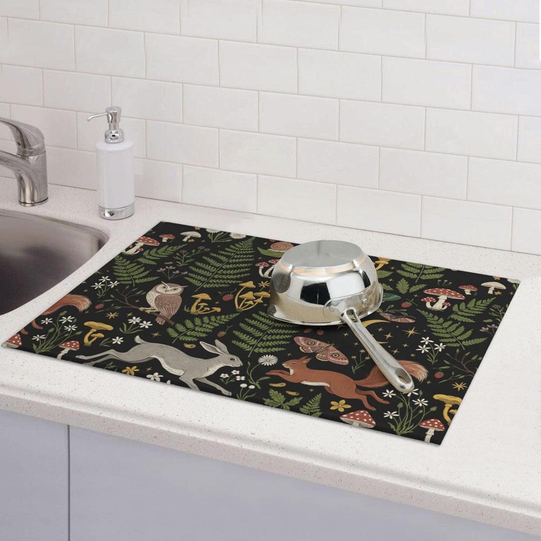 Fairy Forest Dish Drying Mat For Kitchen Counter, Large Absorbent Dish Draining Pad Kitchen Decor,18*24inch