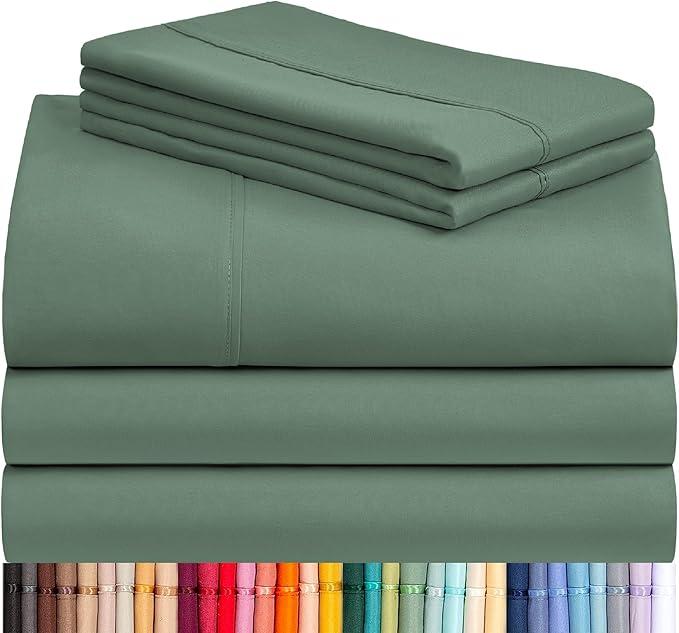 LuxClub 5 PC Split King Sheet Set, Breathable Luxury Bed Sheets, Deep Pockets 18" Eco Friendly Wrinkle Free Cooling Sheets Machine Washable Hotel Bedding Silky Soft - Tree Moss Green Split King