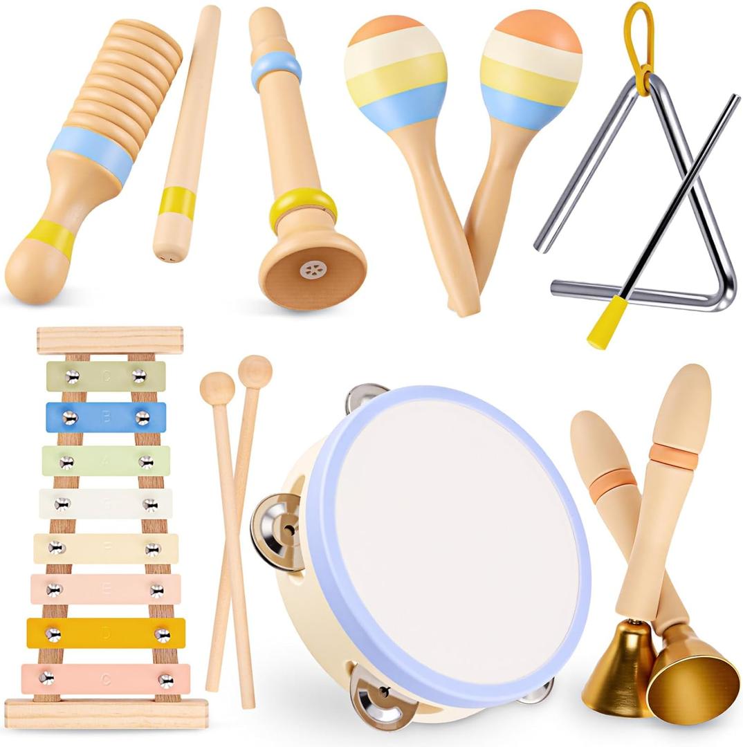 Montessori Wooden Musical Instruments for Toddlers 1-3, Baby Music Toy Set with Xylophone, Tambourine, Triangle, Clarinet, Maracas, Natural Sensory Educational Toys for Boys and Girls