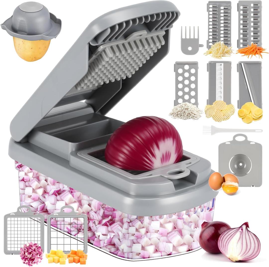 Vegetable Chopper,12-in-1 Multifunctional Food Chopper,Professional Onion Chopper with 7 Blades,Vegetable Cutter with Container for Salad,Potato,Carrot,and Garlic Essential Kitchen Tool (Silver gray)