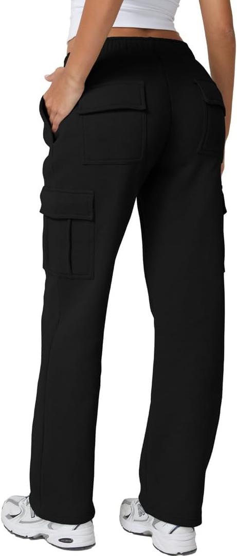 QINSEN Baggy Medium Waist Elastic Sweatpants for Womens Casual Long Fleece Cargo Pants with Pockets (Small, Black)