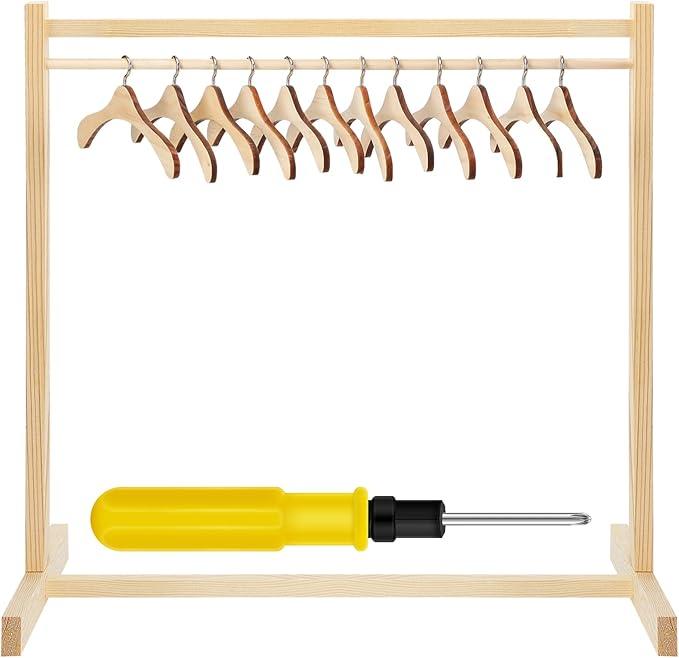 Estune Dog Garment Rack with 12 Wood Pet Clothes Hanger Wooden Dog Dress up Storage Small Closet Pet Clothes Organizer Accessories for Doll Cat and Puppy (Medium)