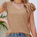 AlvaQ Womens Short Sleeve Tops Casual Solid Color Ruffle V Neck T Shirts Blouses (Khaki, XL)