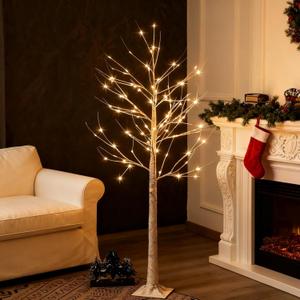 Lighted Birch Tree 5ft Prelit White Christmas Tree Plug in, Light Up Artificial Trees with Dimmable & Timer, 8 Modes Remote Twinkling Twig Trees with LED Lights for Outdoor Indoor Decor, Warm White