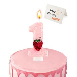 Birthday Candles for Cake, Pink Number Candles, Cake Candles with Greeting Card for Birthday Party Wedding Anniversary Celebrations (Strawberry 1 Candle)