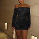 Uni Clau Women Sexy Off Shoulder Sparkly Mini Dresses Long Sleeve Bodycon Ruched Y2K Dress Mesh Birthday Party Club Dress (Small, 0625-black)