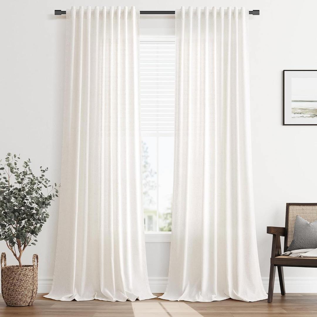 SMABU Linen Curtains 104 Inches Long for Living Room Dining 2 Panels, Cream Flax Textured Drapes, Back Tab Rod Pocket Beige Light Filtering Semi Sheer, Farmhouse Boho Curtain for Bedroom, 52X104