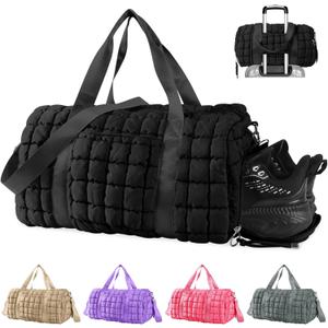 Quilted Gym Duffle for Women - Travel Bag with Shoes Compartment, Puffer Weekender Overnight Carry On Duffel with Trolley Sleeve for Airplanes - Personal Item Sports Dance Bag (Black) (Medium)