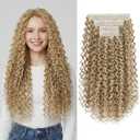 REECHO Curly Hair Extensions - 4PCS Clip In Hair Extensions Kinky Curly Clip Ins 3B 3C 4A Full Head Long Soft Synthetic Hairpiece for Women, Medium Blonde with Highlights