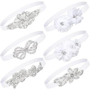 White Baptism Headband for Baby Girl Toddler Elastic Chiffon Flower Crystal Lace Headbands Christening White Baby Baptism Headband Gifts Birthday Baby Shower Party (Elegant Style), 4 pc