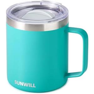 SUNWILL Insulated Coffee Mug with Lid, Travel Tumbler with Handle, 14 oz Stainless Steel Cup for Camping, Office, Home, Powder Coated Teal