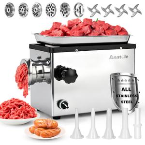 Anatole Commercial Electric Meat Grinder 1.8 HP 1300 W All Stainless Steel Meat Bones Mincer Heavy Duty Sausage Stuffer with 6 Grinding Plates 4 Blades for Restaurant Hotel 110V