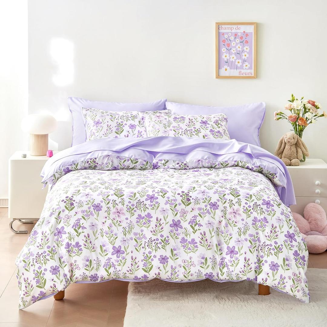Wake In Cloud - Floral Bedding Set for Girls, Cute Colorful Botanical Flowers Patterned Soft Lightweight Comforter Set with Sheets, 5 Pieces Kids Bed in a Bag, Purple White, Twin Size