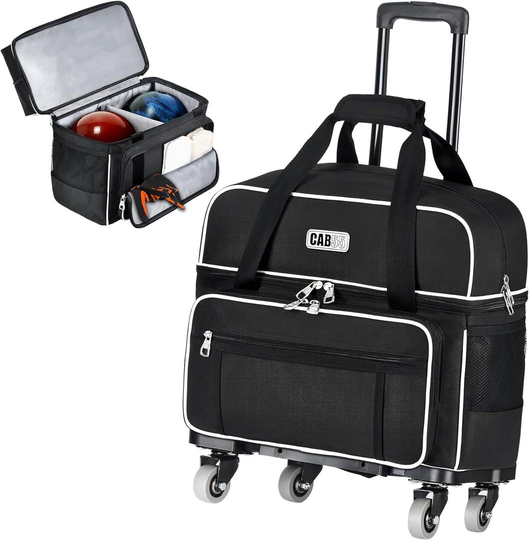 CAB55 2 Ball Bowling Bag with 4 Wheels, Double Bowling Ball Bag with Separate Shoe Compartment, (Up To US Men Size 16), and Multiple Multifunctional Accessory Pockets (Black)