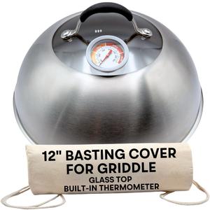 Basting Cover for Griddle with Thermometer and Glass Top, 12-Inch Stainless Steel Melting Dome with Steam Vent for BBQ and Grilling on Flat Top, Blackstone Griddle Accessories