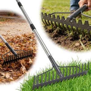 Bow Rake , 2-in-1 63in Metal Garden Lawn Rake for Weeding Digger Loosening Soil Raking Leaf Leveling Rocks Spreading Mulch Gravel 17 Tines Adjustable Garden Rake(63 Inch)