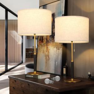 26.4" Set of 2 Modern Living Room Table Lamp for End Tables Bedside Lamps for Bedroom 3-Color Temperatures Pull Chain Switch Lamp Wood Fabric for Home/Office/Desk Decor (Light Brown+Brass)