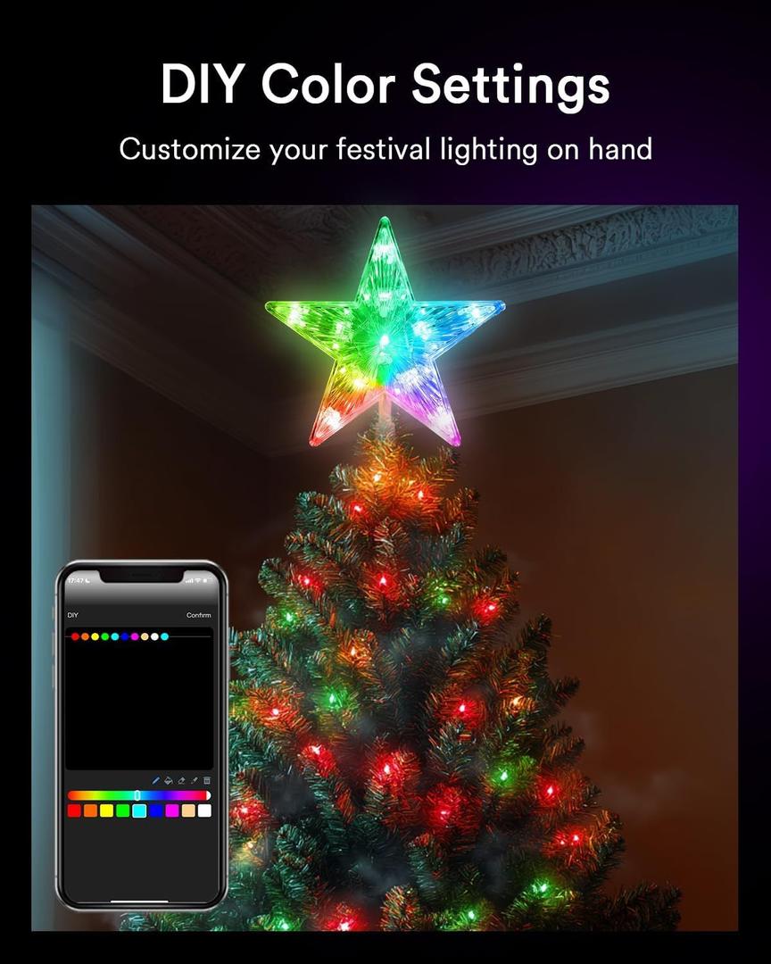Lumary Christmas Tree Topper 7.6 Inch, Color Changing Xmas Star with Bluetooth App/Remote Control, 80+ Scenes & Music Sync, Multicolor RGB Christmas Tree Decor for Holiday