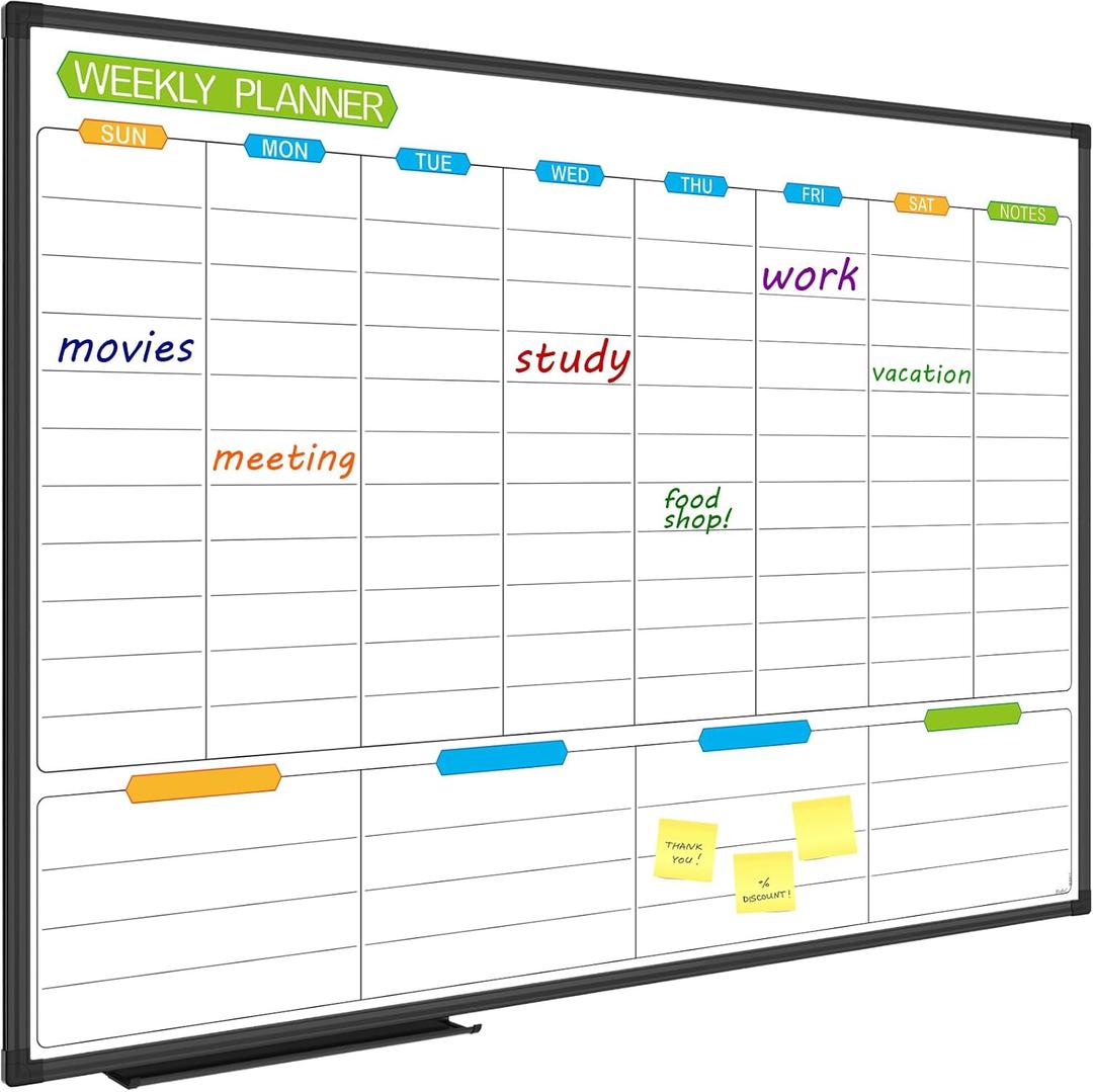 JILoffice Weekly Dry Erase Board - Magnetic Calendar White Board Planner 36 X 24 Inch, Black Aluminum Frame Wall Mounted Board for Office Home and School