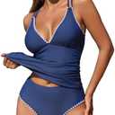 ZAFUL Womens Tankini Swimsuits V Neck Push Up Swim Top Color Block Tummy Control High Waisted Bathing Suits Swim Bottom, M
