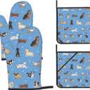 Perinsto Cute Dogs Animals Blue Oven Mitts & Pot Holders 4 Pcs Set, Decorative Heat Resistant Cooking Gloves Microwave Oven Gloves for Kitchen Baking Grilling BBQ