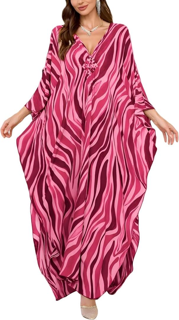 KEYLORTING Plus Size Kaftan Dress Women, Moo Moo Print Caftan, Batwing Dress, Printed Beach Cover Up for Party and Loungewear (Pink, XXXL)