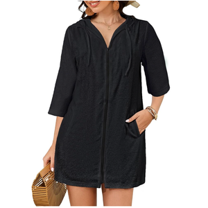 Bsubseach Terry Cloth Swim Coverup - Women Long Sleeve Hooded Swimsuit Coverup Zipper Beach Coverups Robes with Pockets, XL